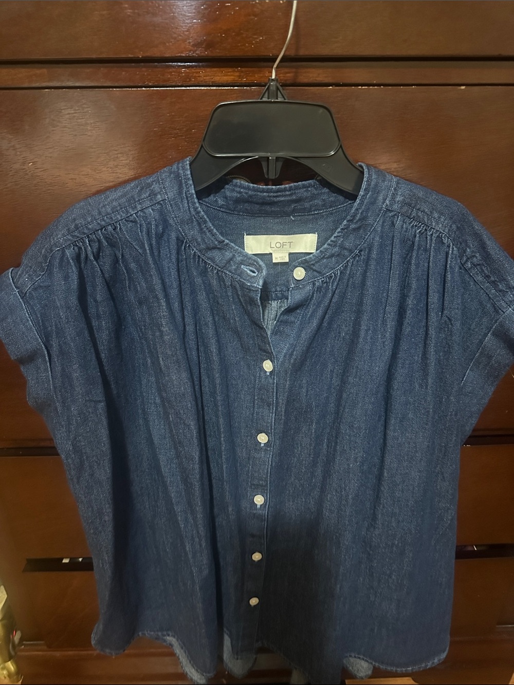LOFT Dark Blue Denim Button-Up Short Sleeve Blouse